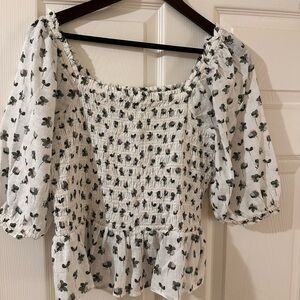 LOFT White Floral Smocked Blouse